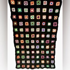 Vintage Crochet Granny Square Afghan Blanket – 52x88 Multicolor on Black
